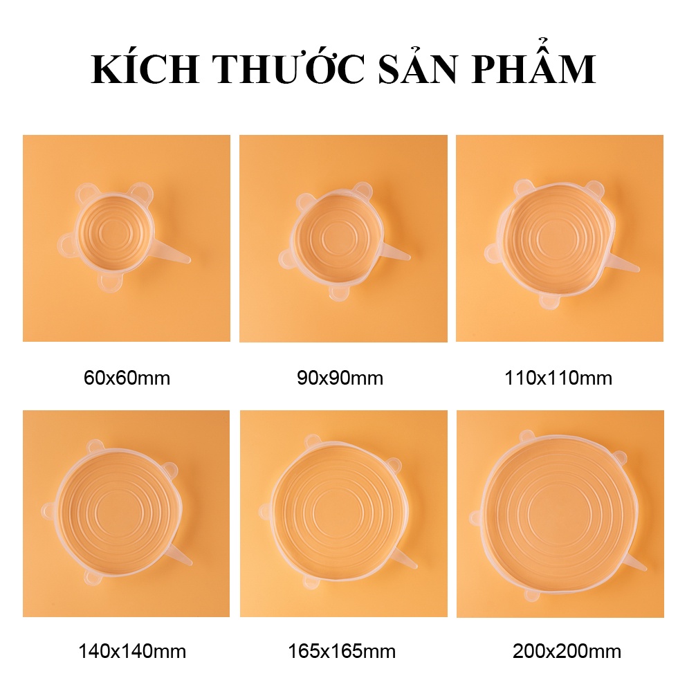 Bộ 6 màng bọc thực phẩm silicon đậy thức ăn, bảo quản đồ ăn tiện ích, thông minh