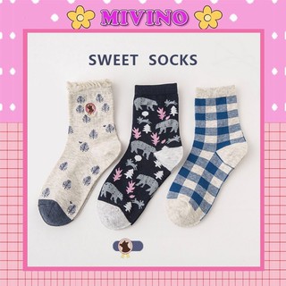 Set 3 đôi tất cổ cao Mivino tất nữ họa tiết gấu và cây thông xinh xắn TN99