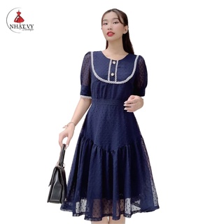 Đầm đi chơi Nhật Vy tay phồng cổ tròn dáng xoè chất voan hạt phối đuôi cá phù hợp công sở dạo phố - D2290