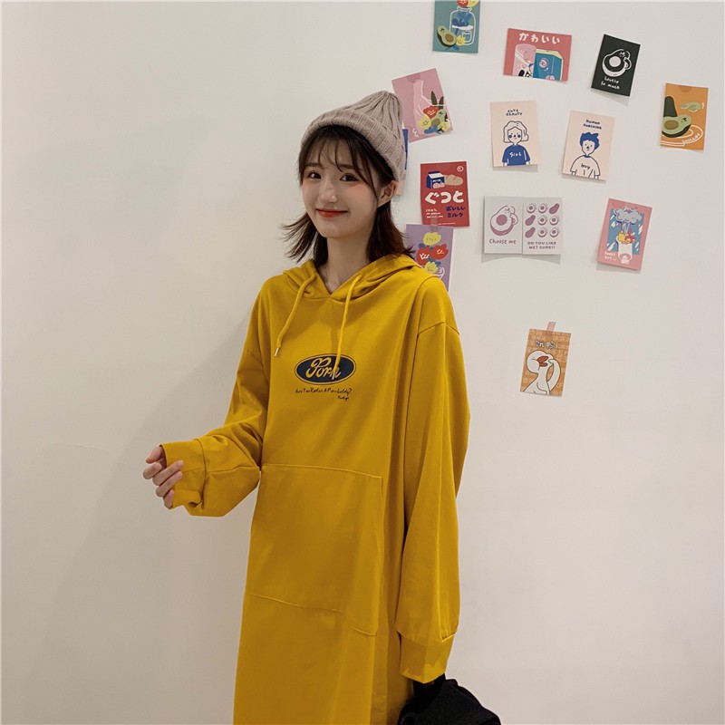 SUXI Đầm hoodie in hình dáng rộng thời trang Hàn Quốc