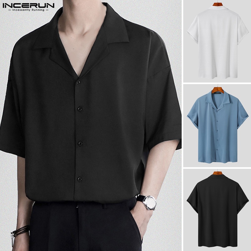 INCERUN Áo Sơ Mi Ngắn Tay Màu Sắc Đơn Giản Thời Trang Mùa Hè Cho Nam