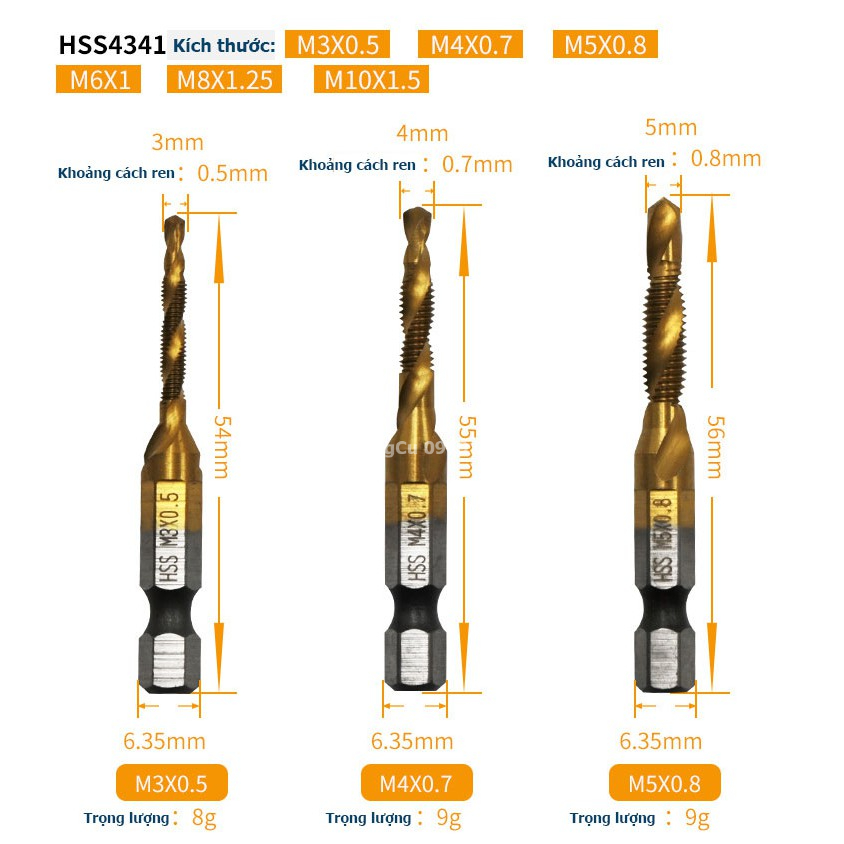 Mũi khoan taro ren phủ Coban từ M3 đến M10 HSS-M35. Mũi tạo ren chuôi lục giác chuẩn 6.35mm
