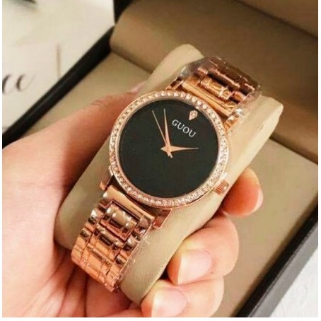 [ Rẻ nhất Shopee ]  Đồng Hồ Nữ GUOU Dây Kim Loại Viền Đá Case 32mm - Tặng 01 kẹp tóc Hàn Quốc giao mẫu ngẫu nhiên