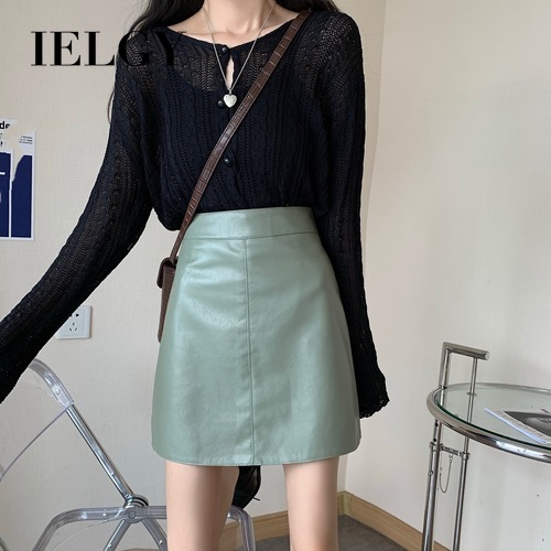 IELGY   Chân Váy Chữ A Lưng Cao Bằng Da Pu Thời Trang Mùa Thu Hàn Quốc Dễ Phối Đồ Cho Nữ