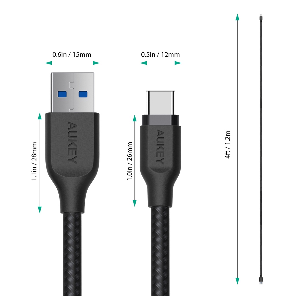 Cáp sạc nhanh AUKEY CB-AC1 3A QC3.0 Dây sạc type C 1.2m cho Samsung Xiaomi MacBook Nintendo Switch Android