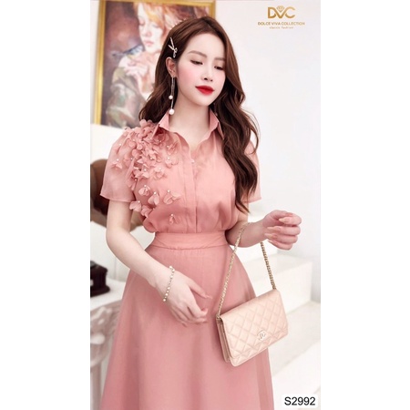 S2992 - set áo sơ mi voan và chân váy voan xoè màu hồng