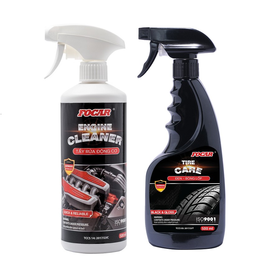 Bộ 2 Dung dịch Đen bóng lốp Focar Tire Care + Tẩy rửa vệ sinh động cơ FOCAR 500ml