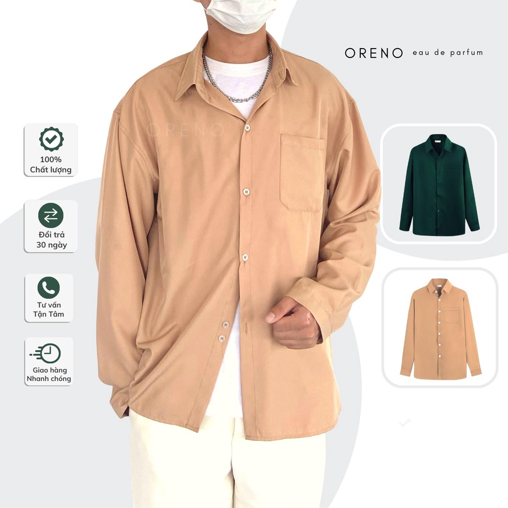 Áo sơ mi lụa Trendyman kiểu dáng rộng unisex màu xanh lá đậm , kem nâu áo sơ mi nam nữ hot trend mềm mại