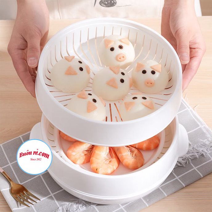 Bộ khay hấp lò vi sóng 2 tầng Việt Nhật (MS: 5625) chịu nhiệt tốt - Khay hấp thức ăn, Xửng hấp bánh bao tiện lợi 01540