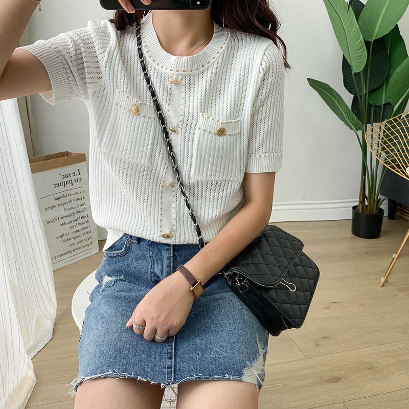 Áo dệt kim SUXI tay ngắn màu trơn phong cách cổ điển dành cho nữ