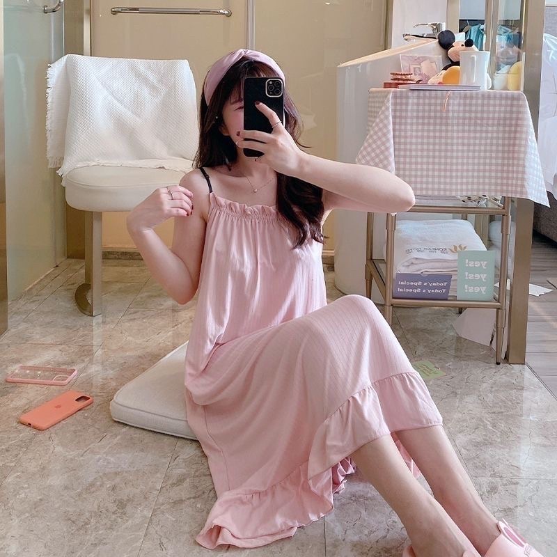 váy ngủ hai dây mùa hè thanh mát dáng dài trùm qua gối nhẹ nhàng thướt tha kiểu tiểu thư