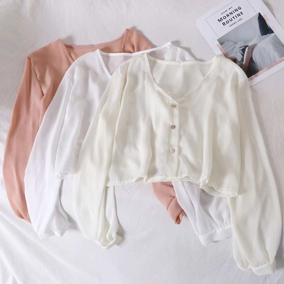 Áo Khoác cardigan chiffon Mỏng Ngắn Dáng Rộng Màu Sắc Đơn Giản Thời Trang Mùa Hè Cho Nữ