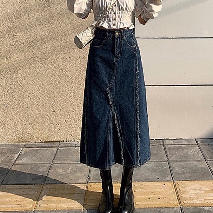 Chân váy jean kaki dáng dài xẻ sau, chân váy midi cạp cao_a16
