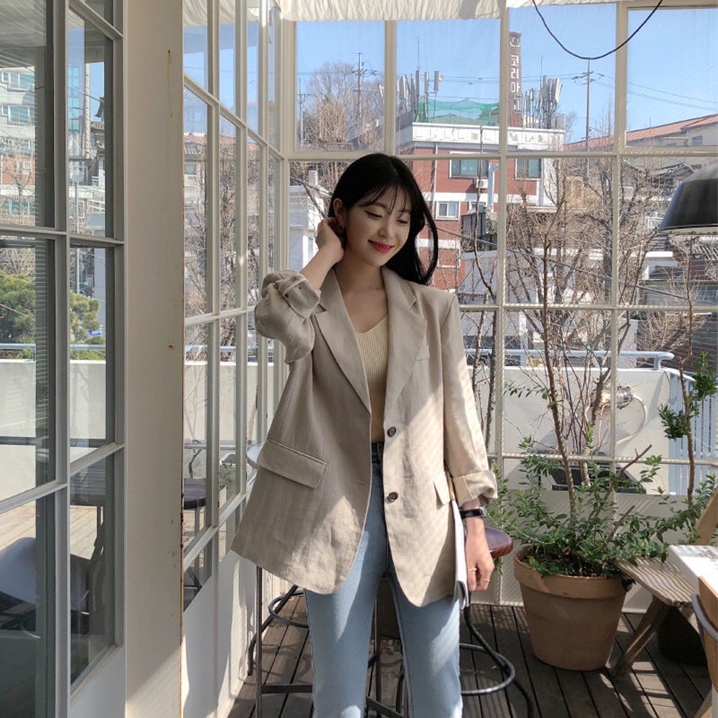 (SẴN) Áo Khoác Blazer Linen Nút Gỗ 2 Túi