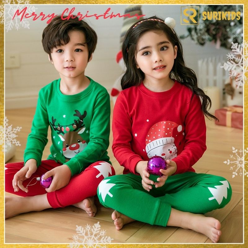 Bộ Noel Cho Bé Trai Bé Gái 0-5 Tuổi Màu Đỏ Bộ Dài Tay Giáng Sinh Chất Cotton 4 Chiều Co Giãn Mềm Mại Surikids21