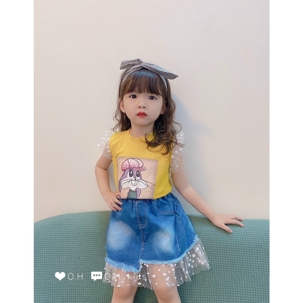 Set Chân Váy Jean Kèm Áo Phông Gấu Cho Bé