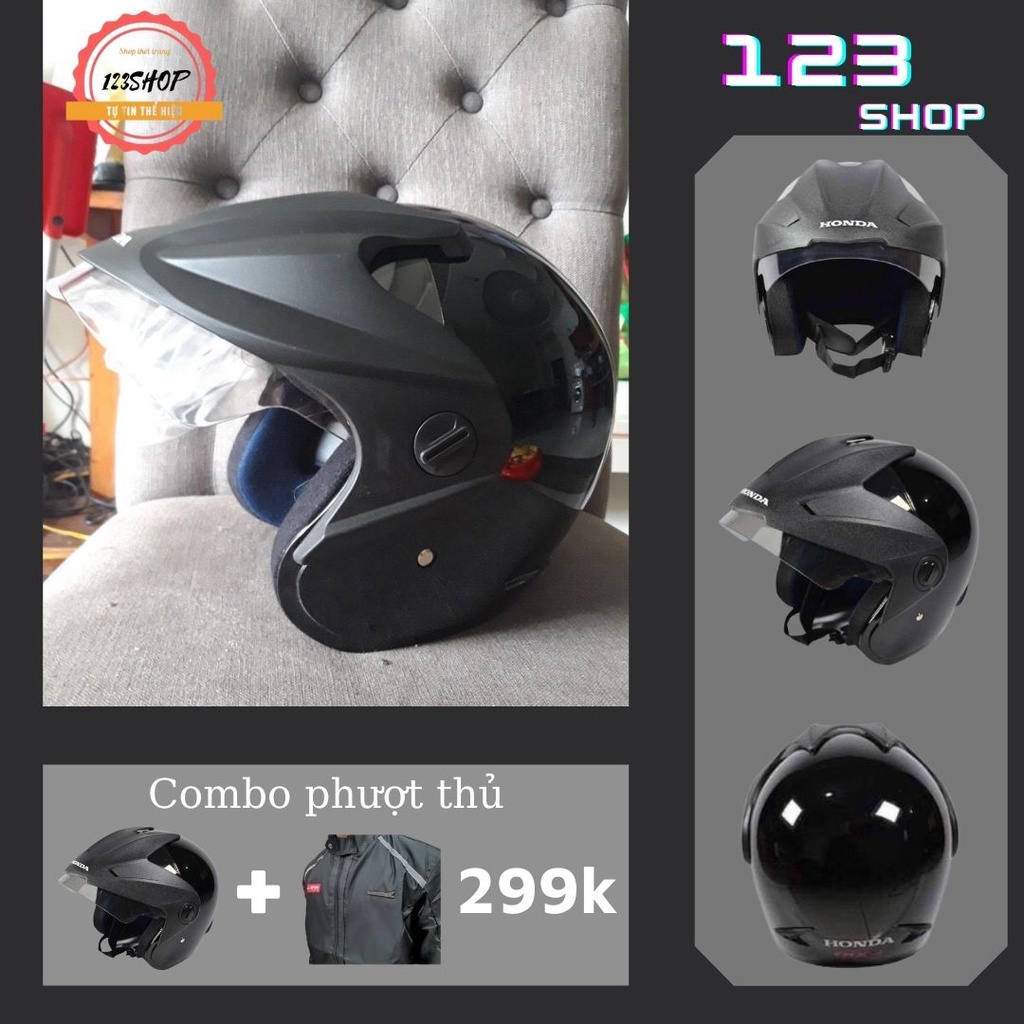 Mũ bảo hiểm 3 4 đầu chính hãng HD indo màu đen full kính trẻ trung nón bảo hiểm đệm mút xốp và vải thoáng khí 123SHOP