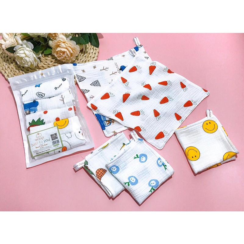 Set 5 chiếc khăn xô sữa 4 lớp tre nhăn Wooyi (sỉ từ 15 chiếc)