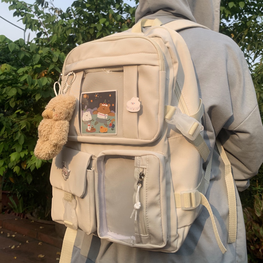 Balo đi học thời trang ULZZANG chống nước nhiều ngăn đựng laptop, đi chơi, du lịch tặng kèm gấu và sticker ngẫu nhiên