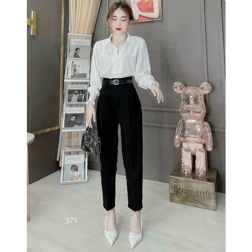 Quần tây baggy đi học nữ cạp có đai lưng cao màu đen đứng dáng dài Quần vải nữ công sở dày dặn phối áo sơ mi đi học làm