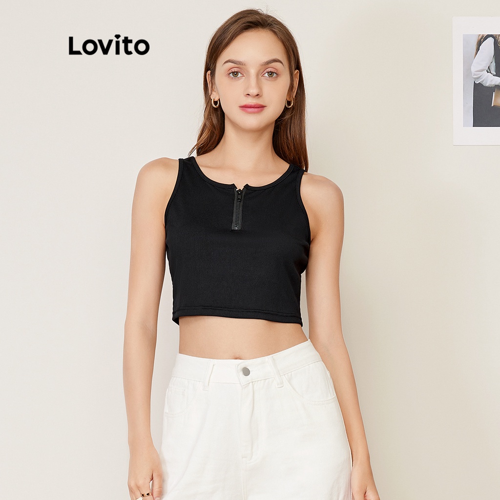 Áo tank top Lovito đơn giản có khóa kéo màu trơn phong cách thường ngày L27AD002 (màu đen)