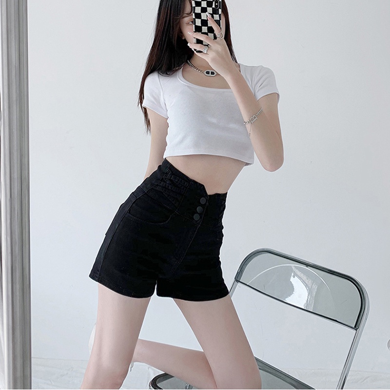 Quần Short Denim Màu Đen Lưng Cao Thời Trang Mùa Hè Phong Cách Hàn Quốc Cho Nữ