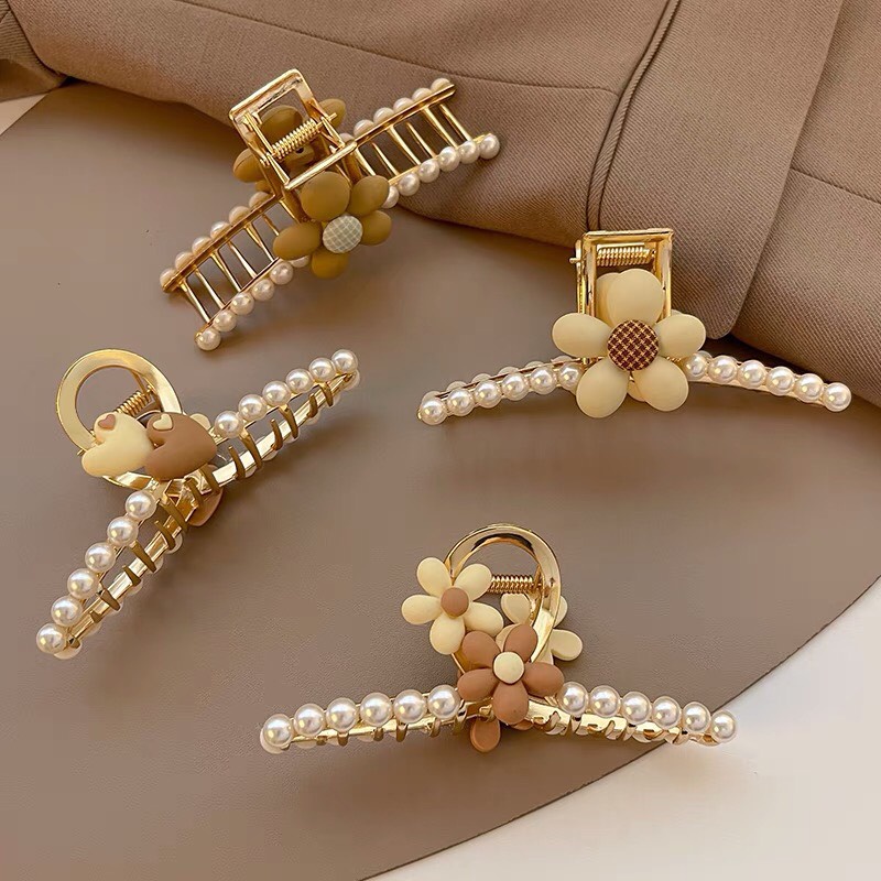 Kẹp tóc Hàn Quốc đính đá ngọc Cặp tóc càng cua kim loại siêu nhẹ gấu tim hoa thời trang cho nữ xinh sang chảnh Aikimo KG