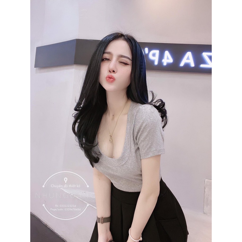 🌸Áo Phông Cổ U 🌸 Thun Cổ Vuông dáng ôm body,trơn sexy màu Đen|Xám|Trắng🌸