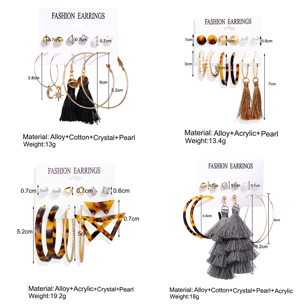 Set 6 cặp bông tai hình tròn tua rua cỡ lớn đính ngọc trai phong cách cổ điển xinh xắn cho nữ