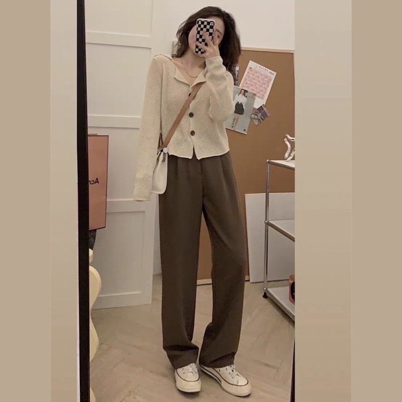 Quần suông dài nâu tây dáng đứng phong cách ulzzang