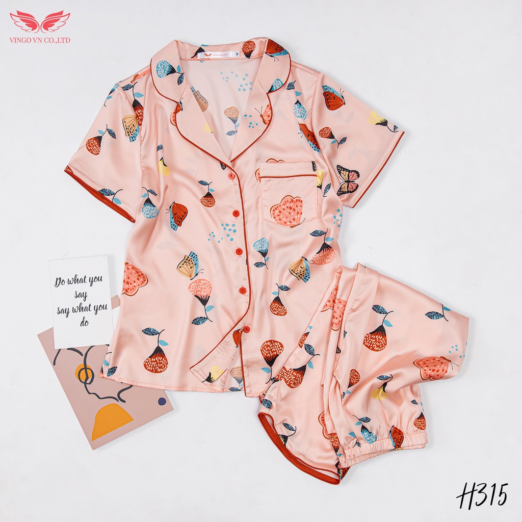 VINGO Bộ Pyjama Mặc nHà Nữ Lụa Pháp Cao Cấp Tay Cộc Quần Lửng Họa Tiết Bướm Phối Viền Nền Hồng Phấn H315 VNGO
