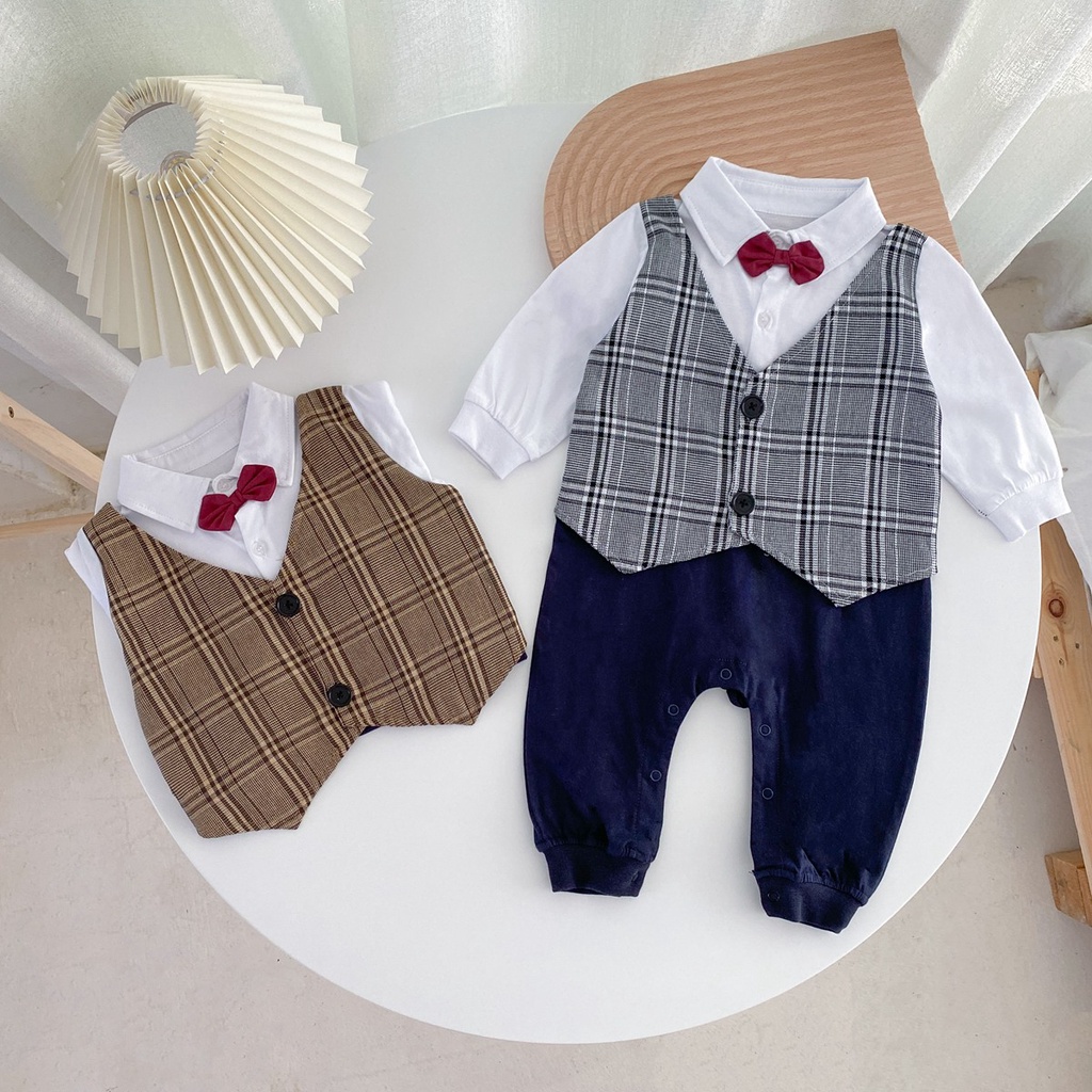 Bộ áo liền quần Sanlutoz từ vải cotton tay dài in họa tiết caro thời trang cho bé trai sơ sinh