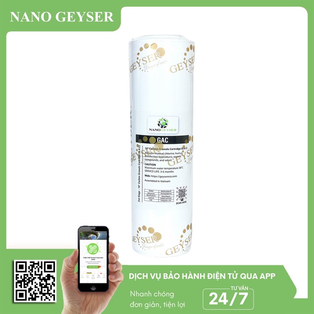 Lõi lọc nước số 2 máy RO, Lõi than GAC dạng xốp Nano Geyser, Dùng cho tất cả các dòng máy lọc nước RO