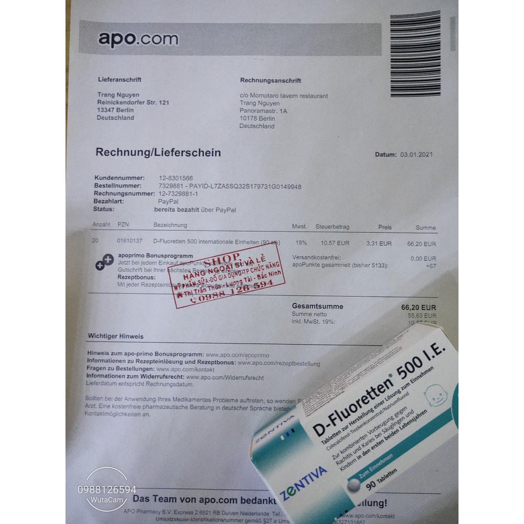 ( Giá Sỉ ) Vitamin D fluoretten 500 i.e 90 v Date2022 Hóa đơn mua hàng bên Đức