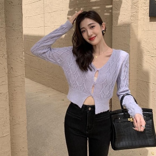 ZHELIHANGFEI Áo Cardigan Dệt Kim Tay Dài Cổ Chữ V Thời Trang Cho Nữ