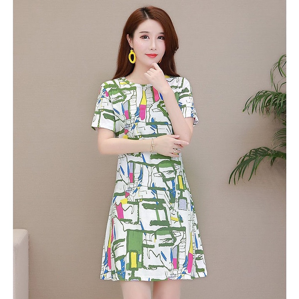 Đầm mặc nhà dạo phố đi chơi chất thun mềm thời trang nữ dáng suông phối màu kiểu Da67