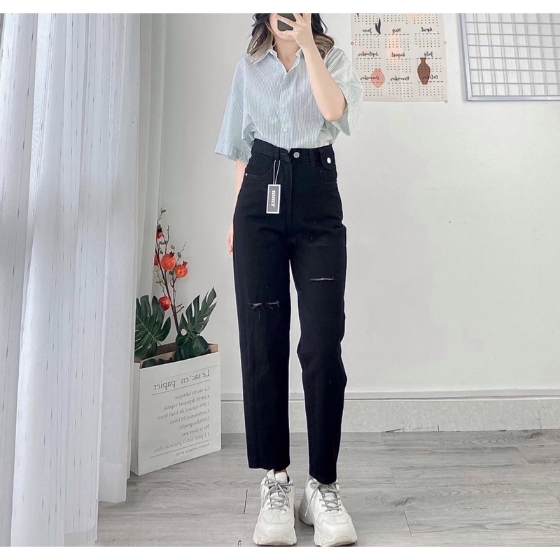 [Bigsize 30-36] Quần jean Baggy đen rách Sole đùi/gốik