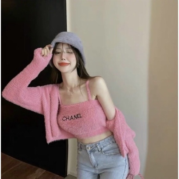 Set len áo 2 dây kèm áo khoác siêu xinh, chất len đẹp, co giãn, mặc lên tôn dáng, dễ phối đồ với quần hoặc chân váy