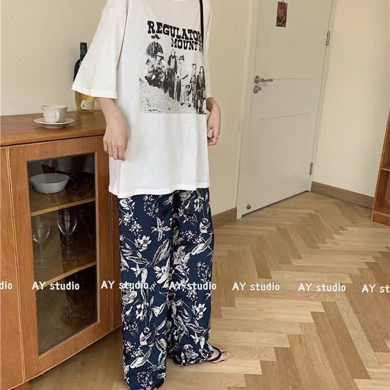 Quần dài lưng cao ống rộng họa tiết hoa thời trang mùa hè mát mẻ thoải mái