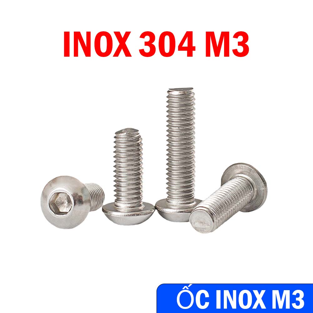 Bulong inox chìm cầu size 3, ốc lục giác chìm đầu bi ốc đầu dù lục giác M3 không gỉ, inox 304 các loại dài 6 8 12 22 mm