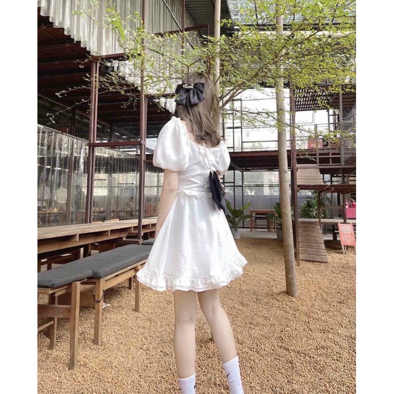 ĐẦM TRẮNG CỔ TYM VIỀN TAY BỒNG BO EO VIỀN BÈO | BigBuy360 - bigbuy360.vn