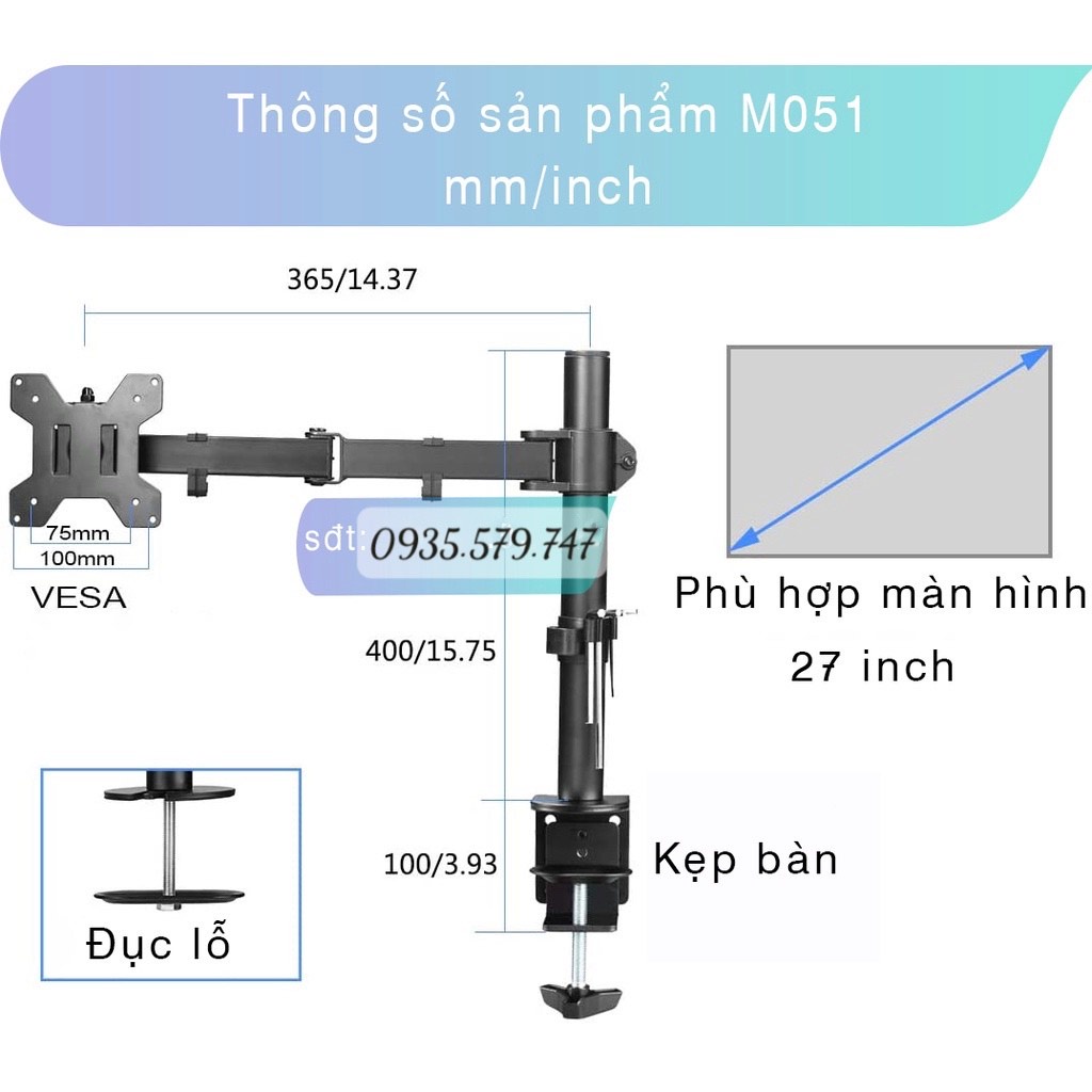 M051 - Giá Treo Màn Hình Máy Tính/ Giá Đỡ Màn Hình Kẹp Bàn/ Đục lỗ  [ Rẻ Hơn NB F80 / NB H100/ NB