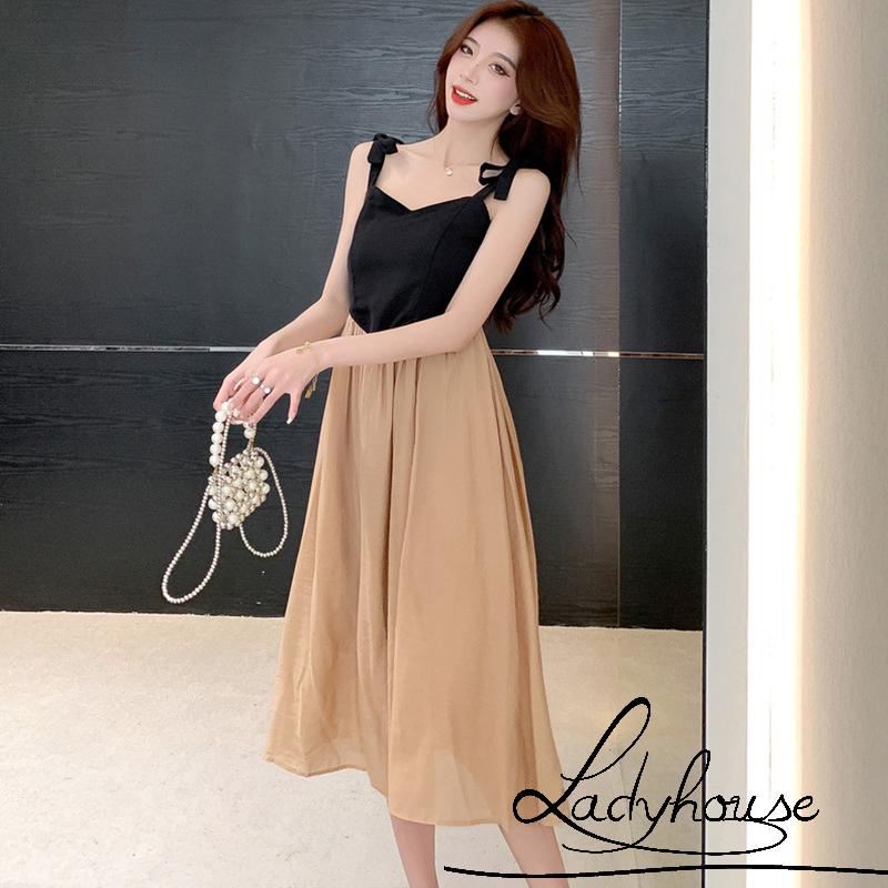 Ldd-đầm Midi Mùa Hè Màu Sắc Tương Phản Có Dây Đeo Vai Cổ Áo Ngọt Ngào Cho Nữ