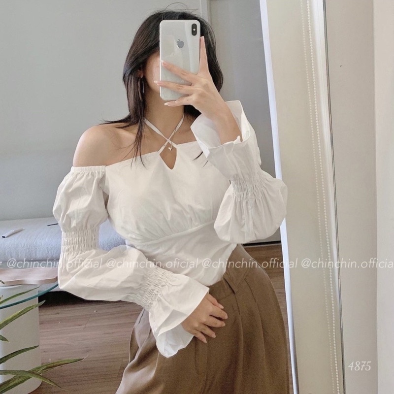 Áo croptop cổ V cột dây tay dài bồng