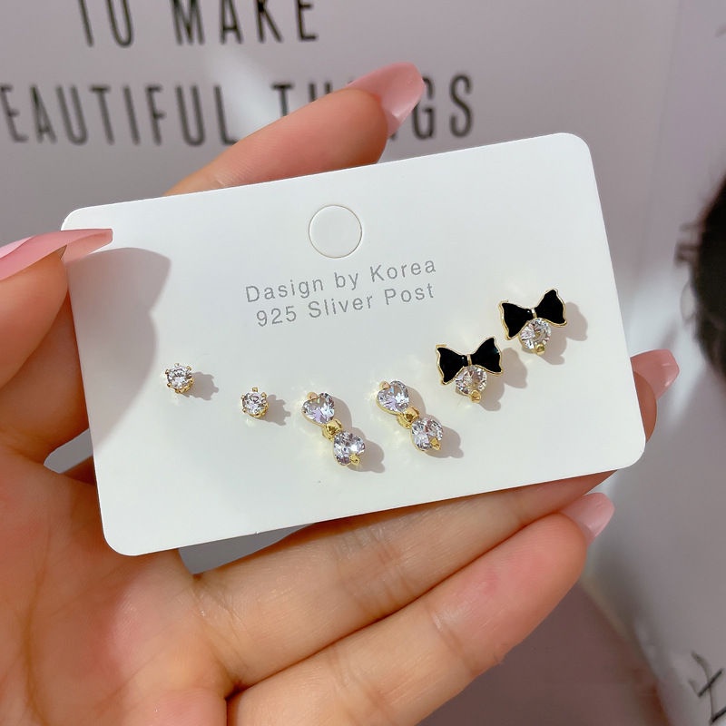 Set bông tai hình nơ xinh xắn đính đá pha lê cao cấp phong cách thời trang thanh lịch