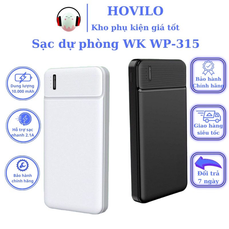 Pin sạc dự phòng 10000 mah WK WP-315 Pin sạc dự phòng chính hãng mini nhỏ gọn sạc nhanh 2.1A tiện lợi