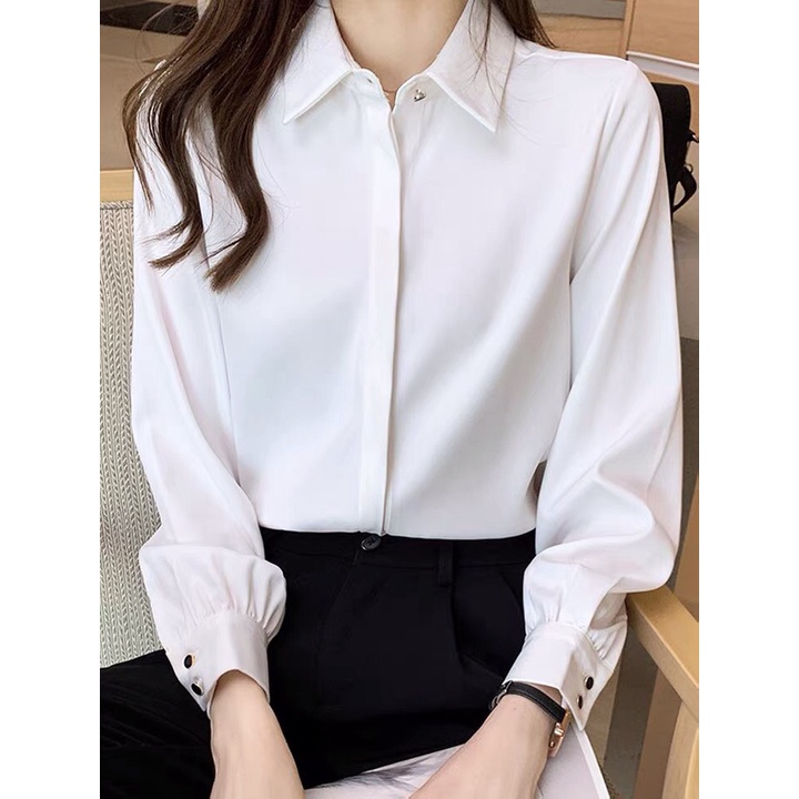 Áo sơ mi công sở nữ dài tay đẹp kiểu hàn quốc ulzzang màu trắng chất lụa cao cấp sang trọng form rộng bigsize mặc đi làm