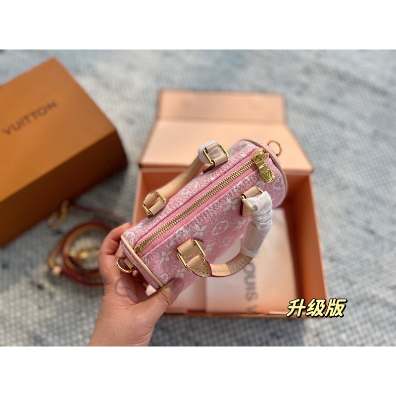 Túi xách nữ dáng trống thương hiệu Louis Vuitton da thật cao cấp phối vải jeans