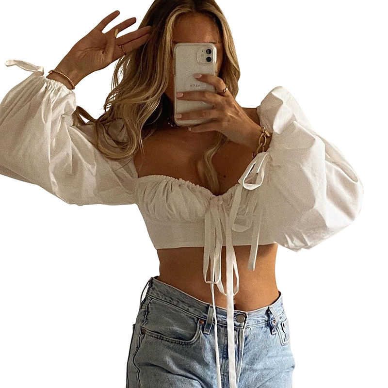 DUNEA Áo croptop ngắn hở vai dáng ôm tay loe dáng ôm gợi cảm cho nữ