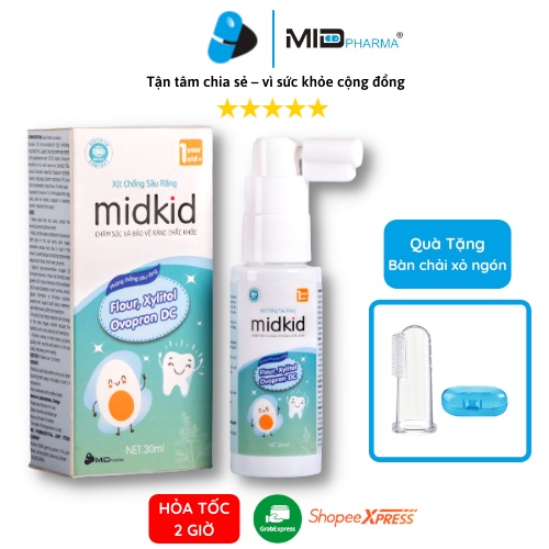 Xịt chống sâu răng cho bé thương hiệu Midkid phù hợp cho trẻ em từ 1 tuổi giúp bảo vệ men răng, ngăn ngừa ố vàng, hà mủn